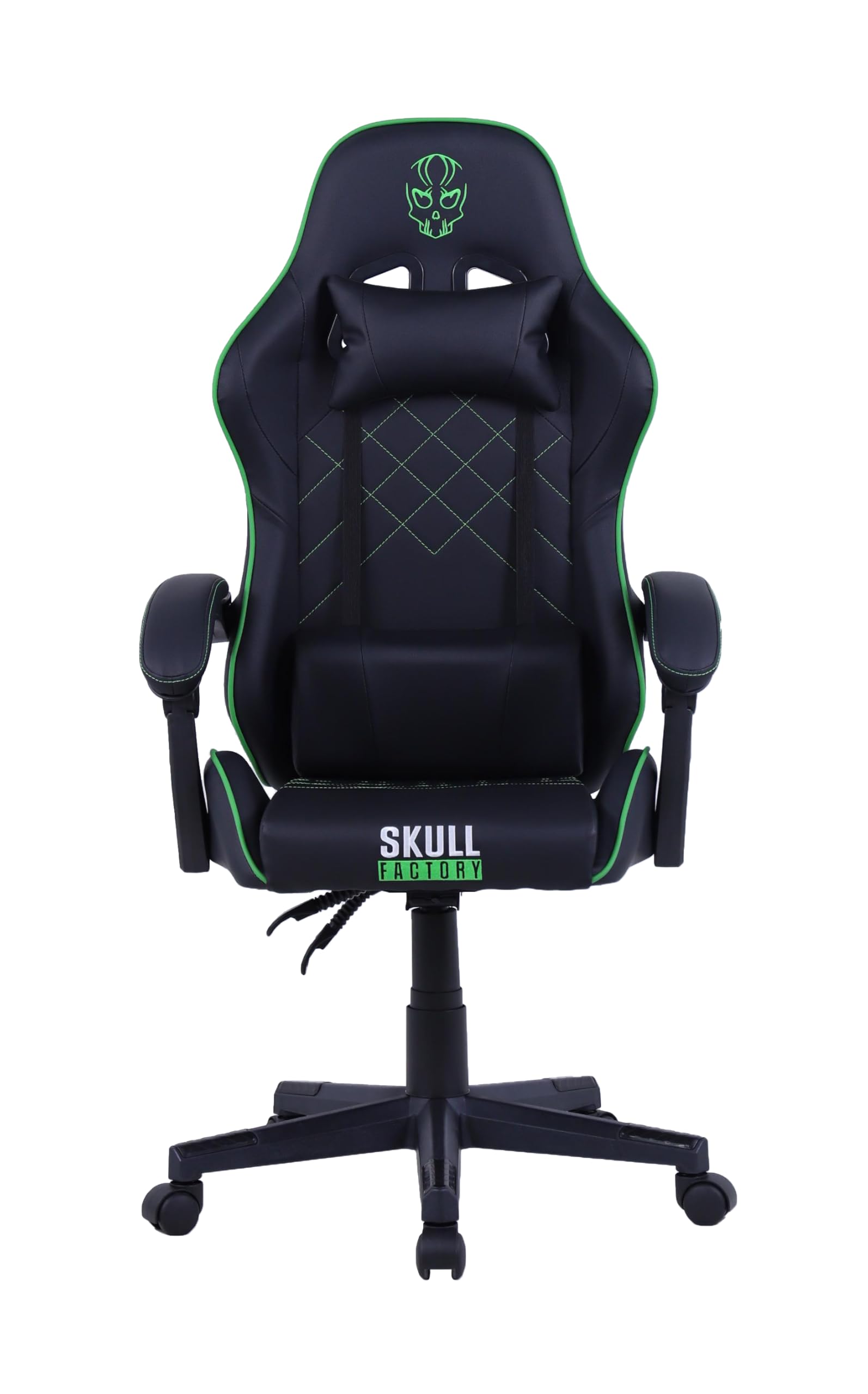 Skull Factory Sedia Gaming Ergonomica, Regolabile, Base Nylon, Pistone a Gas Classe 3, Cuscino Cervicale, Cuscino Lombare, Rivestimento in PVC, Ruote Silenziose