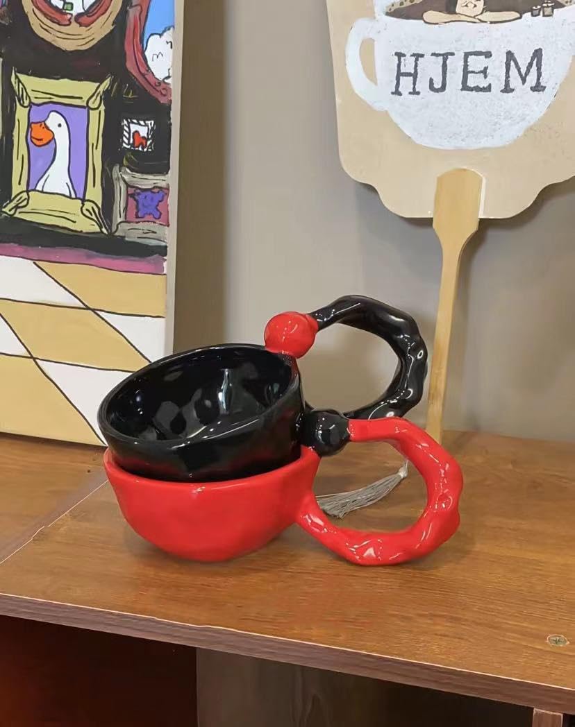 gugululu Creative Ceramic Coffee Mug, Handmade Large Handle 10oz/300 ml Ceramic Coffee Cup Dishwasher and Microwave Safe Mug Suitable for Office and Home (Red) - Image 3