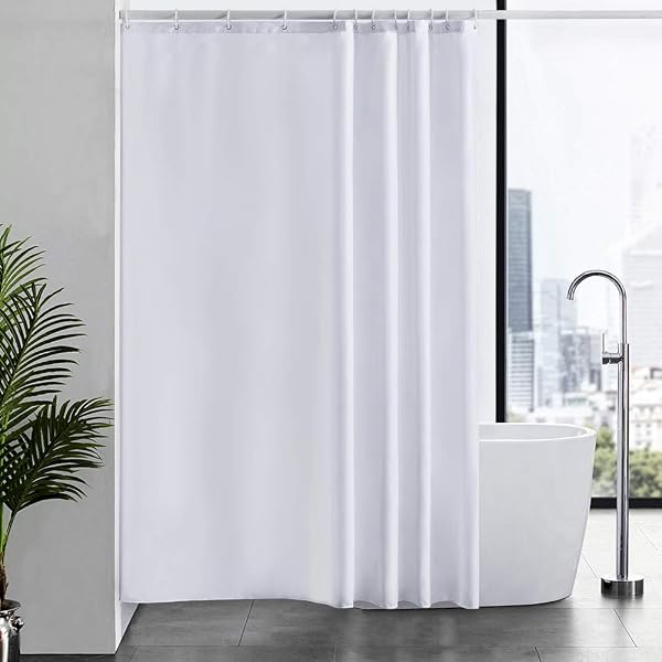 Furlinic Shower Curtain Mould Proof Resistant Wetroom Bathroom Polyester Fabric White 7ft Shower Curtains Liner Waterproof Rustproof Washable Weighted with 12 Hooks Extra Long 180x210cm 72x84. - 1