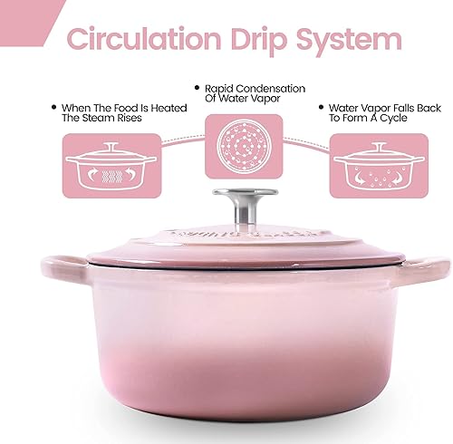 Miniatura 4 de Horno holandés cubierto de hierro fundido esmaltado de 5.5 cuartos de galón con doble asa, hornos holandeses con tapa para hornear pan, rosa