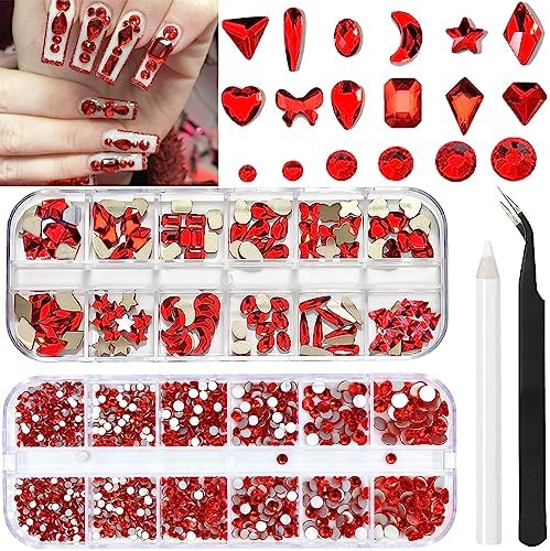 BELICEY 2120Pcs Red Nail Rhinestones Kit Multi Shapes Sizes Flatback Glass Crystal Round Beads Gems Stones Diamonds Jewels for Nail DIY Crafts Face Makeup Shoes Supply