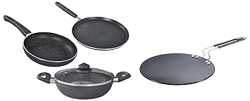 Prestige Aluminium Omega Deluxe Granite Finish (Black) - 3 Pieces & Hard Anodised Aluminium Plus Cookware, 225mm, Black & Omega Deluxe Granite Dosa Tawa, 280 mm, Black
