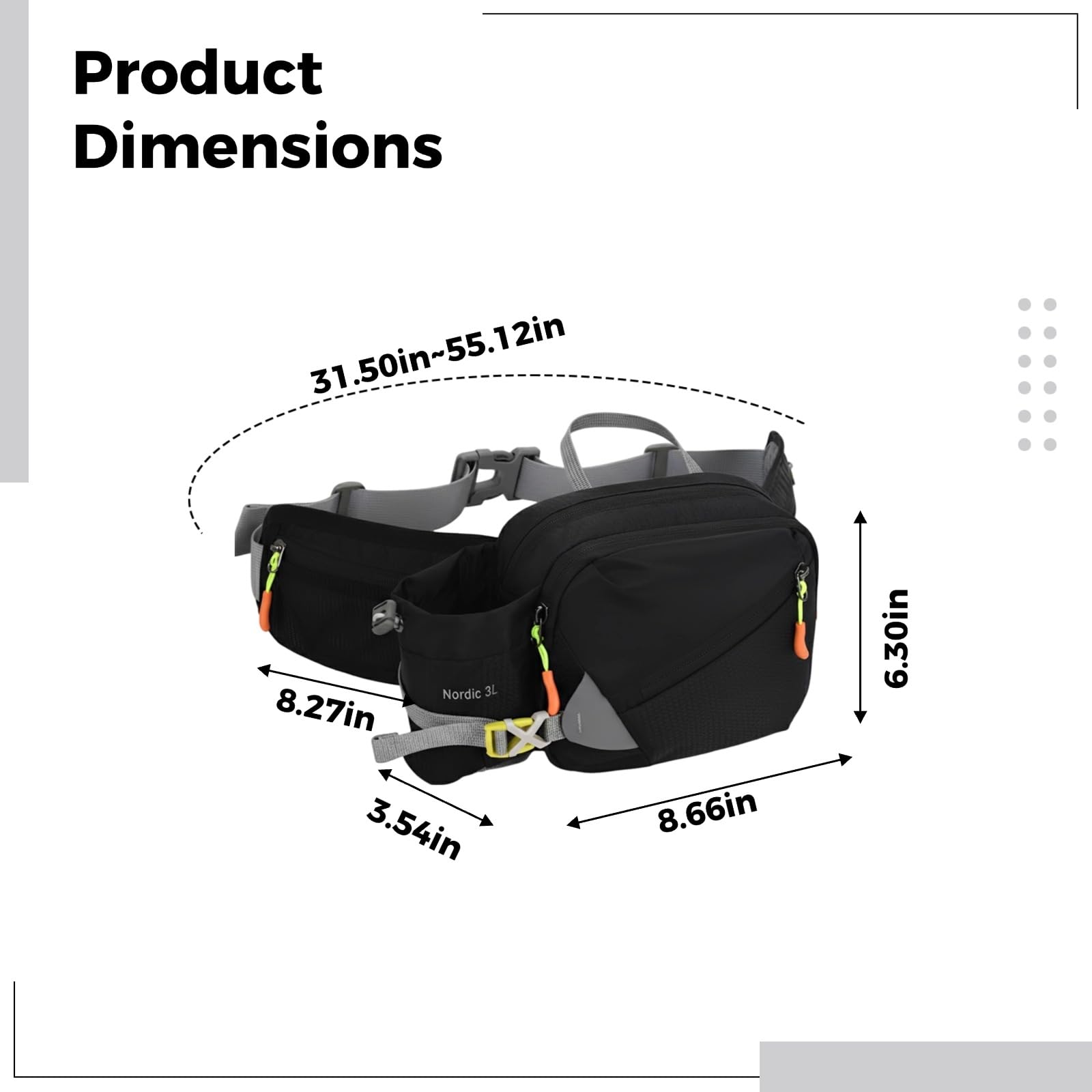 Hydration-Gürtel, Verstellbarer Outdoor-Sport-Hüftgürtel mit Flaschenhalter, Bauchtasche mit Mehreren Fächern für Wandern, Laufen, Spazierengehen, passend für Taillenumfang 31,5-55,1 in