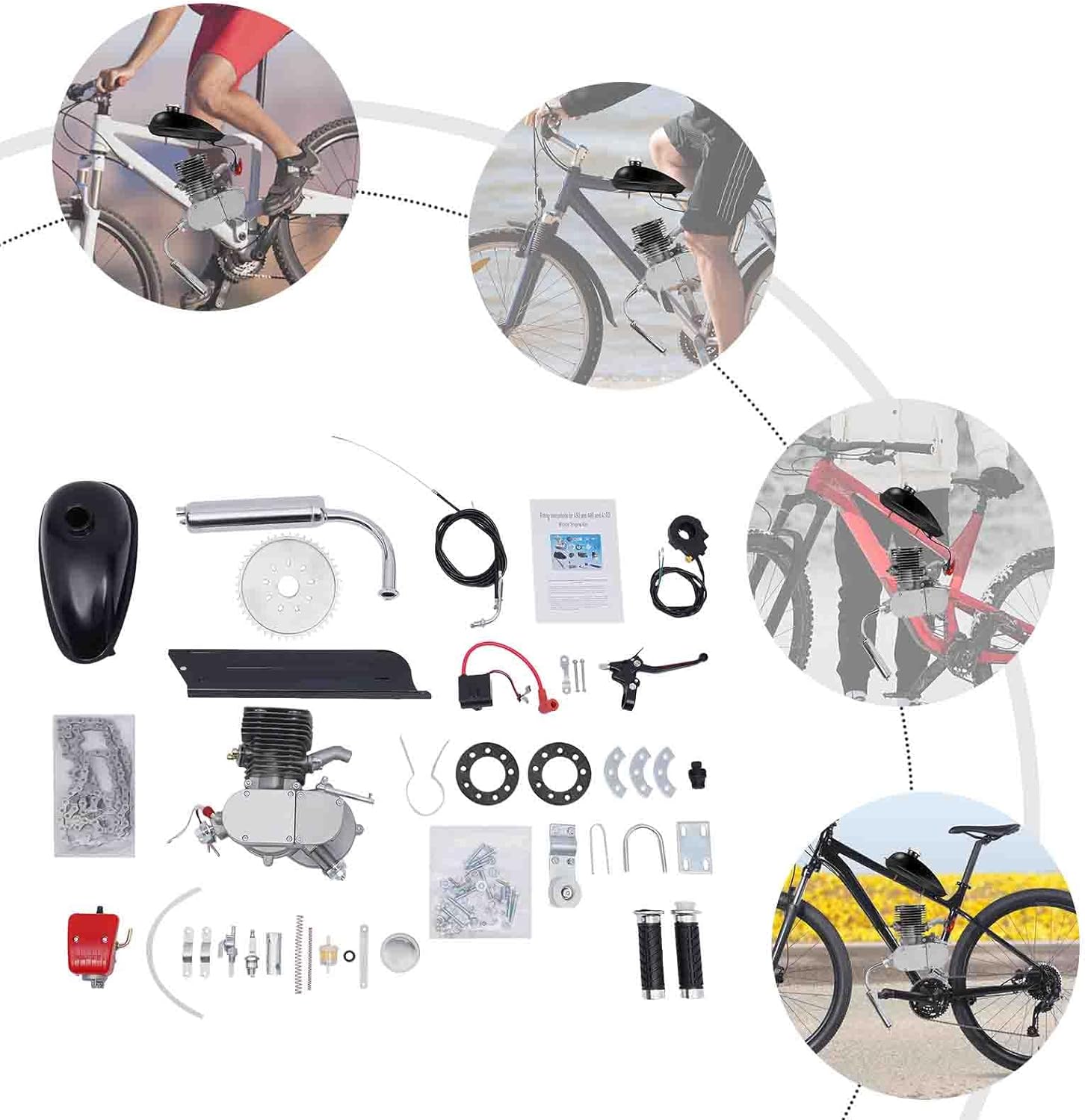 Engine Motor Kit 100CC 2-Stroke Gas Petrol Motorized Bike Bicycle Motor Engine Kit Full Set DIY Upgrade Bike Bicycle Conversion Kit (36 Tooth Sprocket)