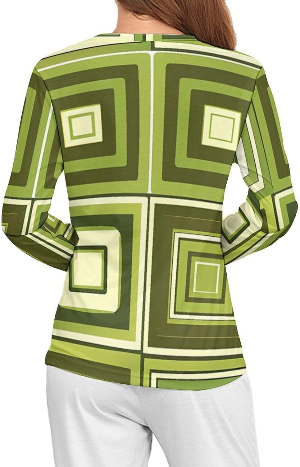 Green Squares Pattern Women's Pajama Top Sleepwear Pajamas Sleep T-Shirt Long Sleeve Shirt Crewneck Tee