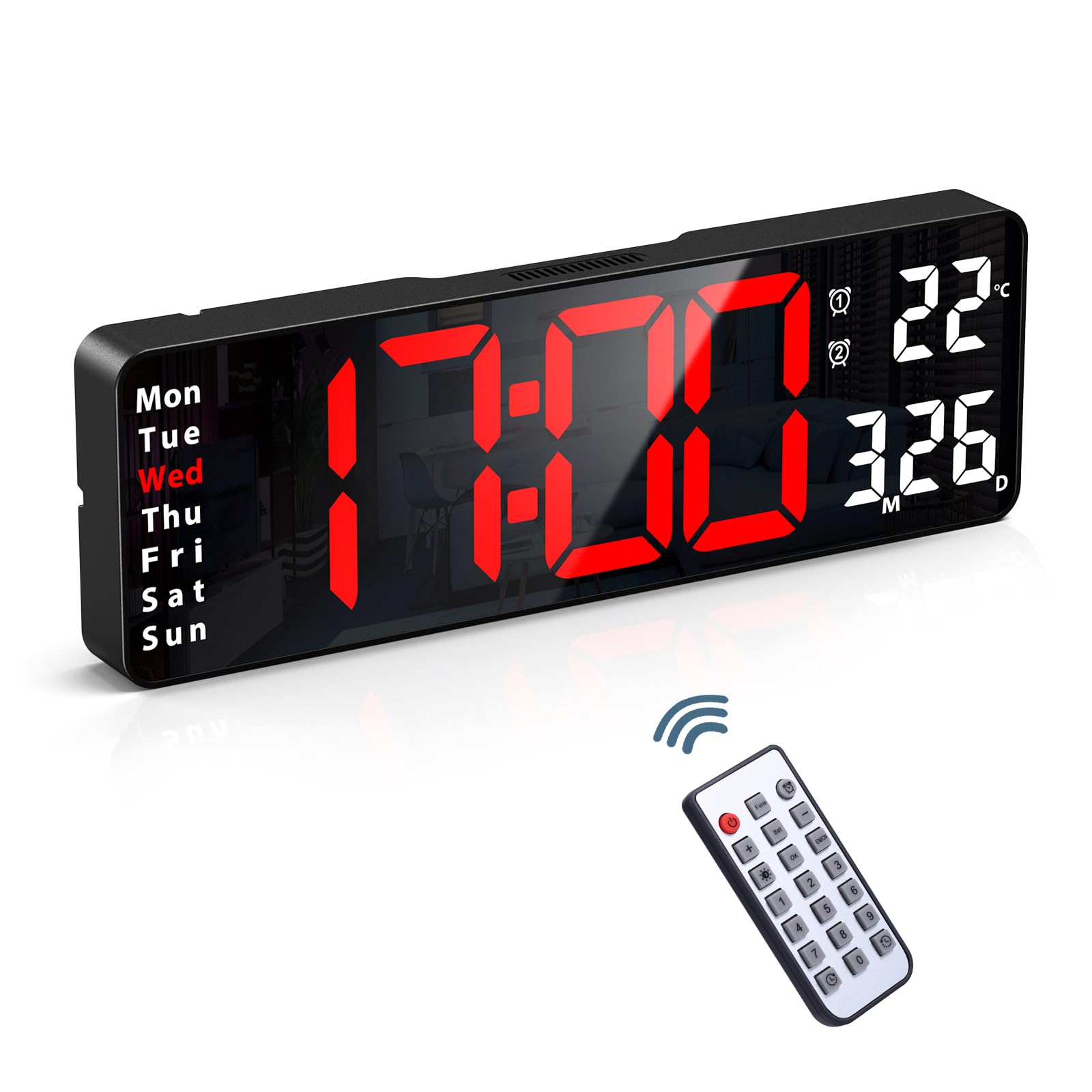 Ankilo Newest 13'' Digital Wall Clock with Remote Control, Large Display Alarm Clock with Big Digits, Auto-Dimming, Timer, DST, Silent Big Desk Clock for Living Room Gym, Red Font