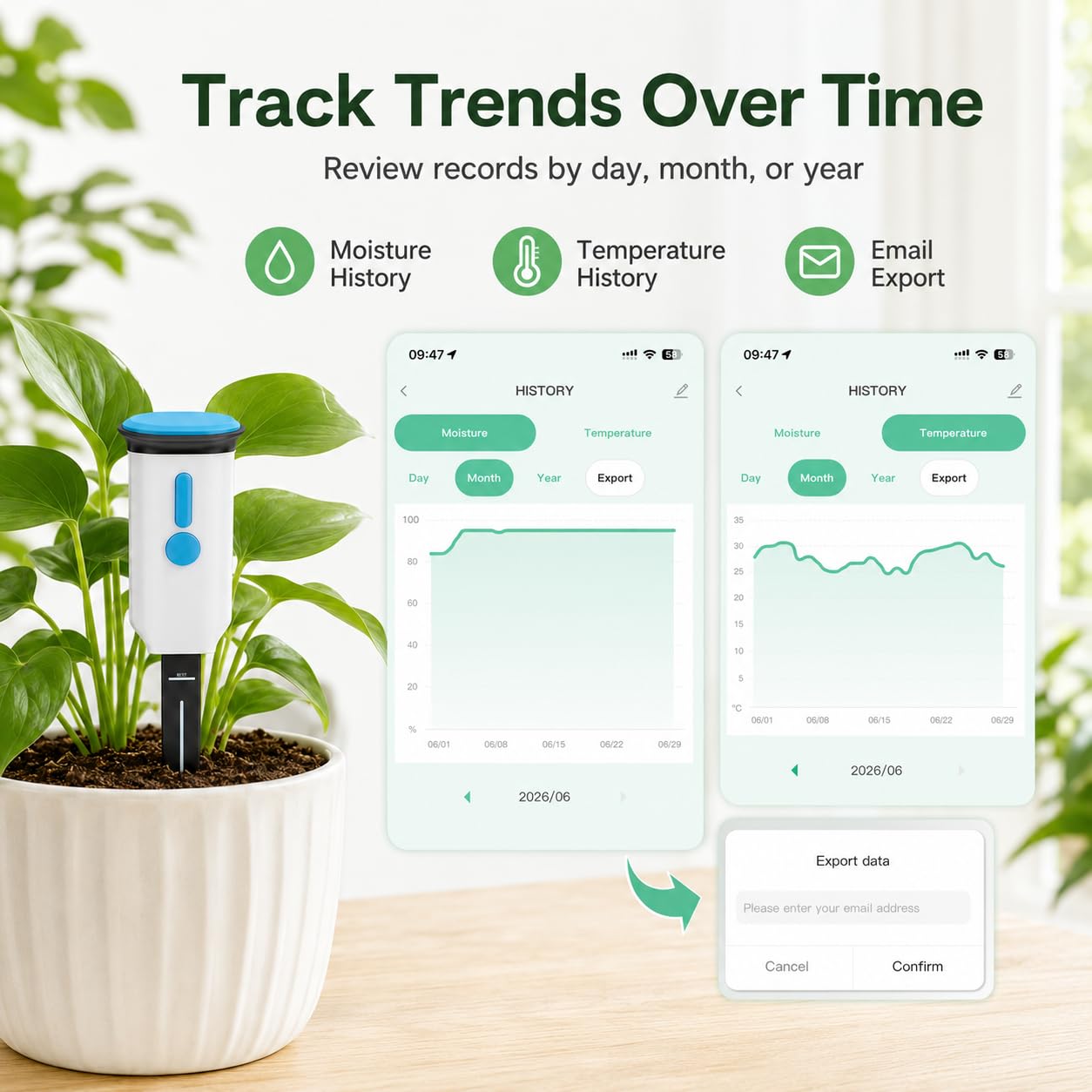 Sensore di umidità del suolo Wi-Fi con temperatura del suolo, Smart Life App Monitor per piante da appartamento, 2,4 GHz senza hub, allarme in caso di terreno troppo secco o bagnato, cronologia