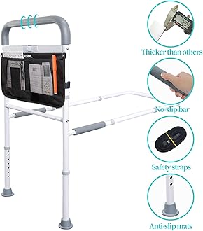 Bed Rails for Elderly Adults Safety with Motion Light Adjustable Heights Storage Pocket Assist Support Side Railing for Seniors Slides Under Bed Guard Bed Handle Bars (Grey Handle with Light)