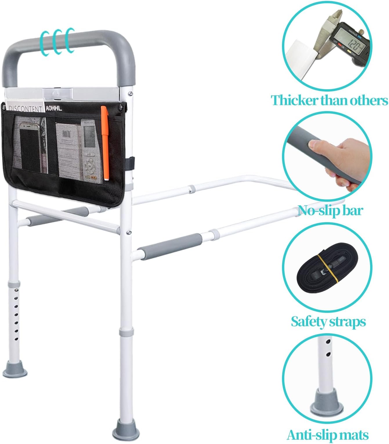 Bed Rails for Elderly Adults Safety with Motion Light Adjustable Heights Storage Pocket Assist Support Side Railing for Seniors Slides Under Bed Guard Bed Handle Bars (Grey Handle with Light)