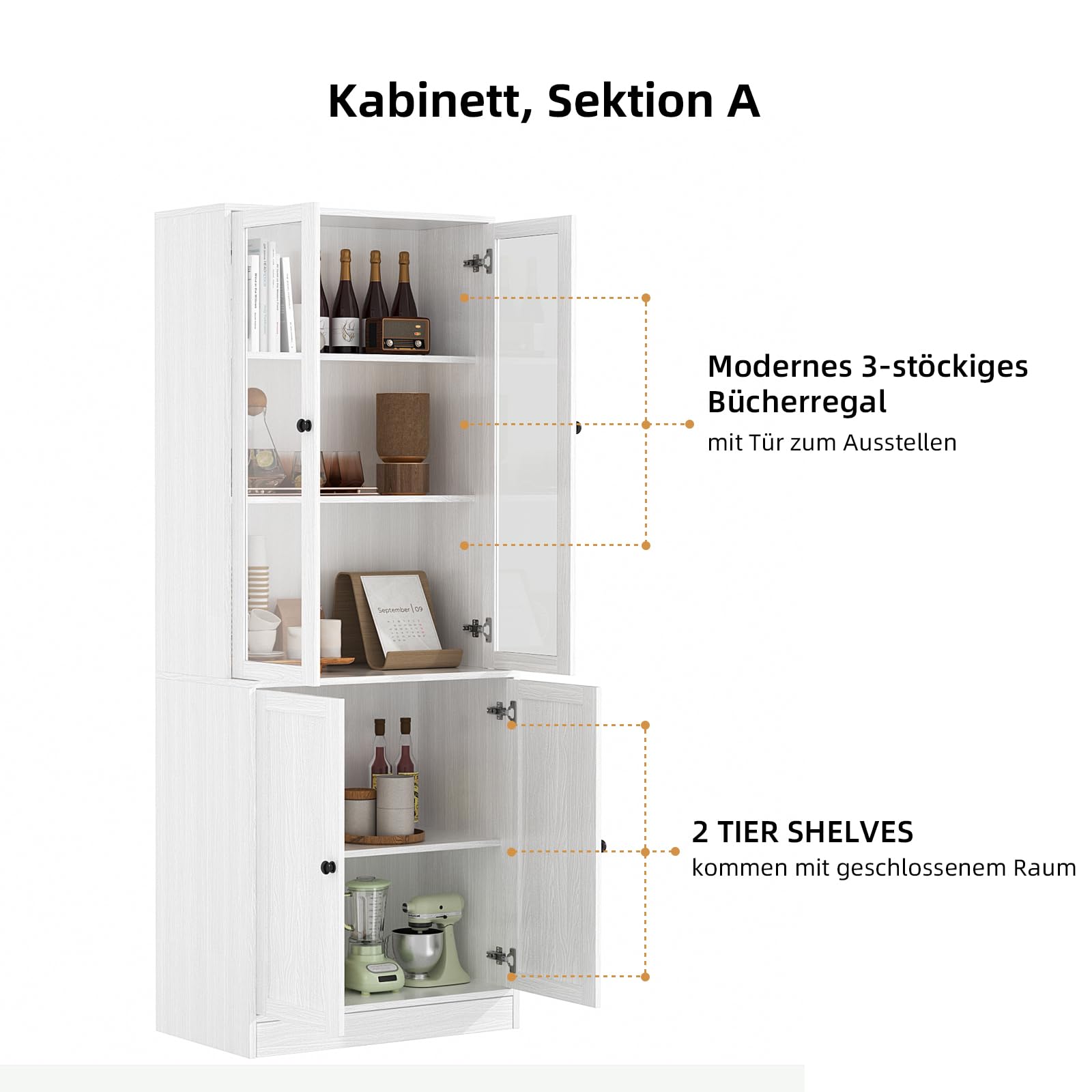 VOWNER Vitrine en Verre 180 cm Haute, Bibliothèque avec Portes en Verre, Étagère Haute sur 6 Niveaux, Bibliothèque Meuble de Rangement,Armoire Vitrine pour Bureau, Salon, ABA(Blanc)