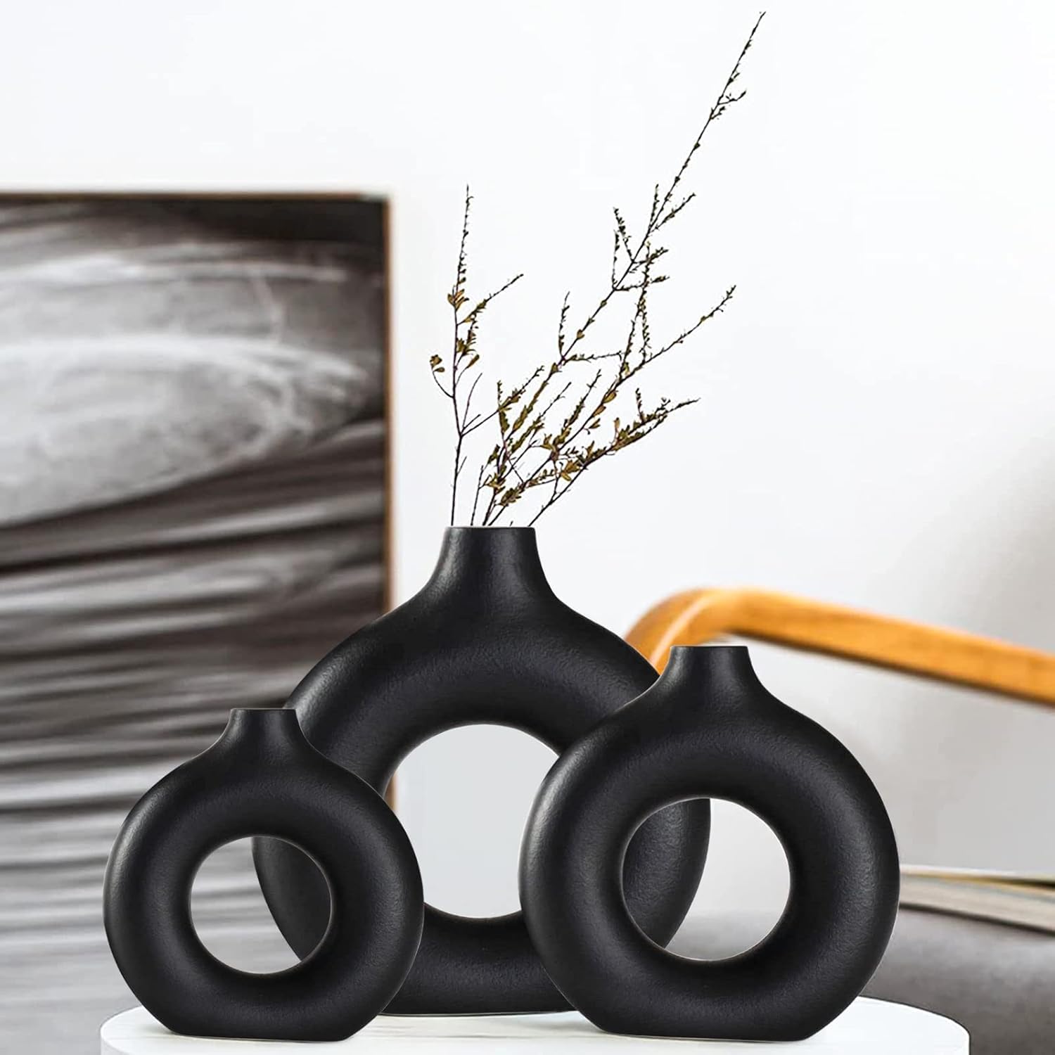 Black Ceramic Donut Vase Set of 3 for Pampas Grass Style Modern Decorative Ceramic Pots Dried Flowers | Home, Living Room, Office & Table Décor-image-28