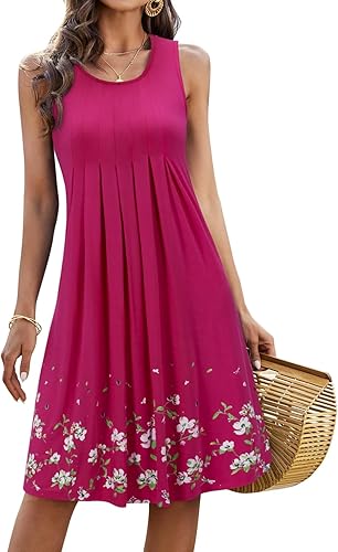 KILIG Women 2023 Summer Casual Loose Floral Print Pleated Sleeveless Midi Vest Sun Dresses for Beach Wedding Party