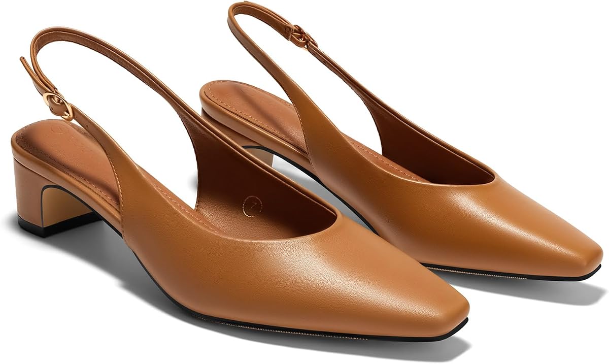 Coutgo Womens Chunky Low Heels Slingback Pumps Closed Square-Pointed Toe Work Office Dress Shoes
