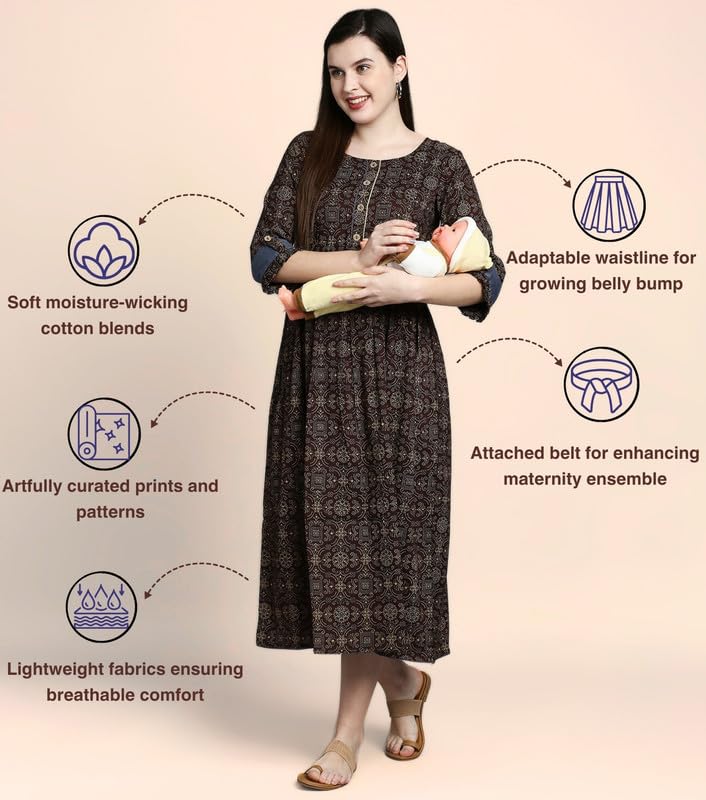 DUMMY SHAPE Maternity Gown for Women | Rayon Pregnancy Dress Kurta with Nursing Zippers for Pre & Post Partum | Feeding Kurtis (DS-133_XL, Brown) offers donot miss