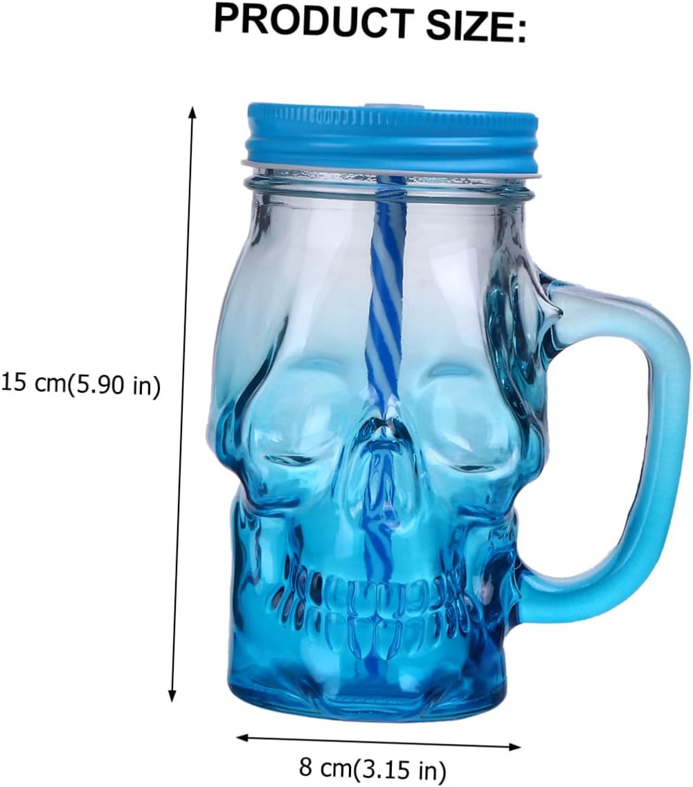 Halloween Skull Glass Cup Set 2pcs 500ml Gradient Blue Glass Beer Mug with Handle, Party Drinkware for Halloween Decorations and Beer Drinking Random Color