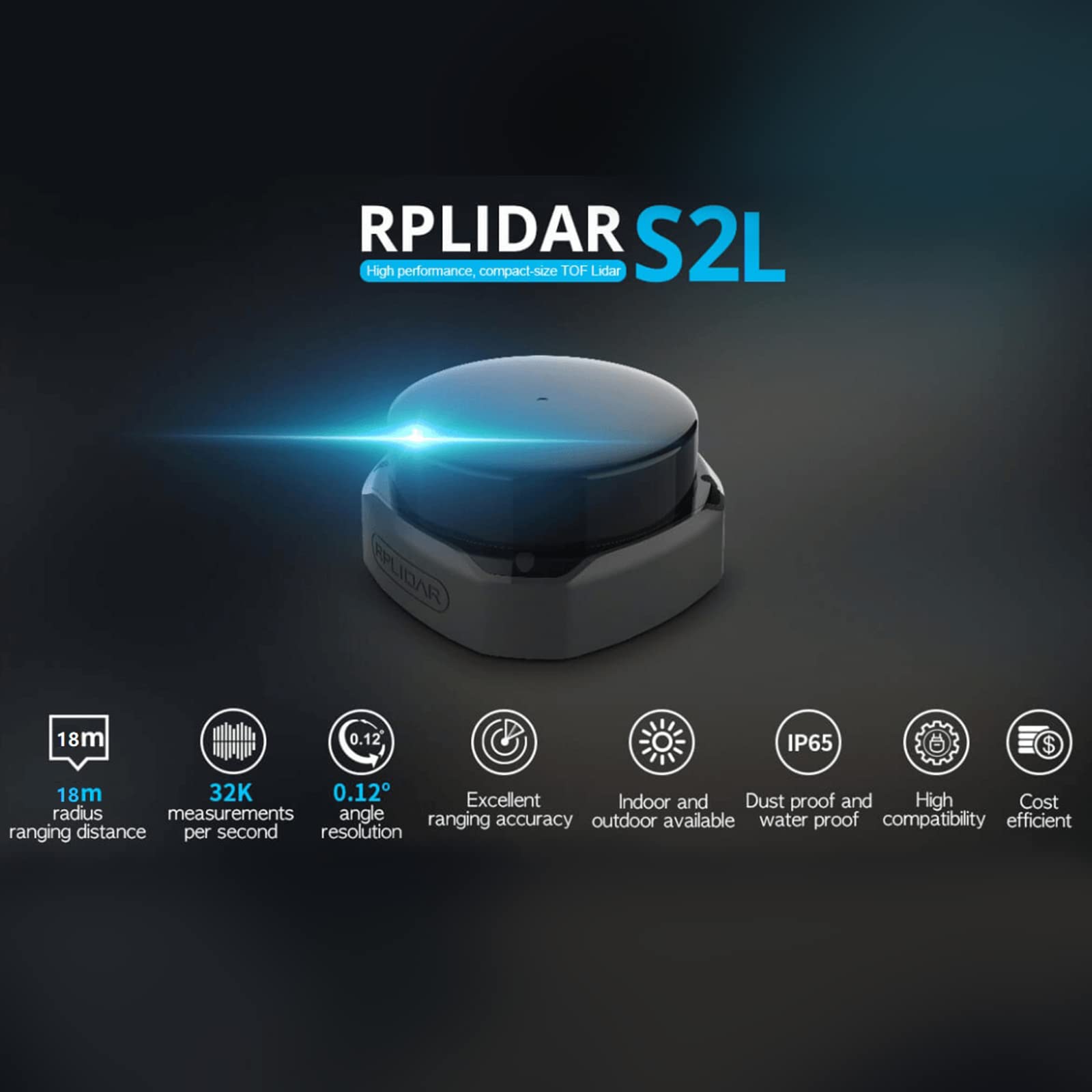 RPLIDAR S2L - Escáner lidar DTOF de 360° con Radio de 18 m, tasa de muestreo de 32 K, protección IP65 y Resistencia a la luz de hasta 80 K Lux para Evitar obstáculos de navegación AGV, UAV y Robot