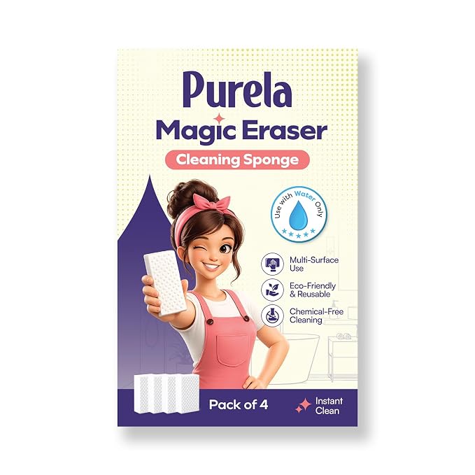 Purela Magic Eraser Cleaning Sponge, No Scratch, No Chemical, for Bathroom, Walls, Window, Sink, Kitchen and Shoes, Pack of 4