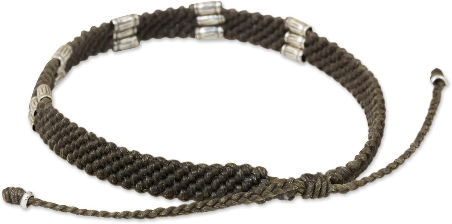 NOVICA Artisan Handmade Silver Accent Wristband Bracelet 950 from Thailand Fine Grey Hill Tribe [7.25 in min L x 9.25 in max L 6 mm W] ' Karen Bamboo in Taupe'