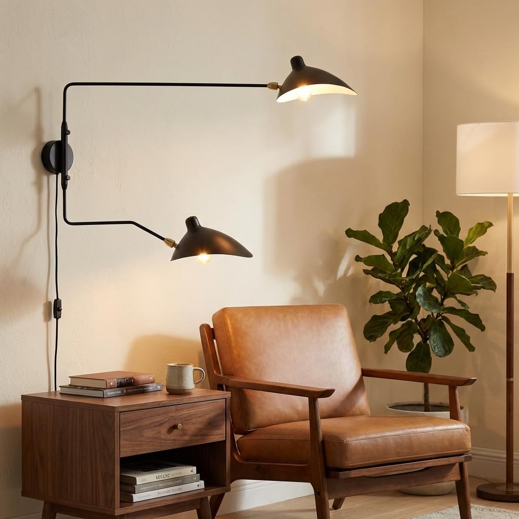 BARCELONA LED Applique da Parete Nera in Ferro a Doppio Braccio E27, Lampada da Parete Grande con Cavo e Interruttore, Design Classico Moderno Vintage di Lusso per Interni