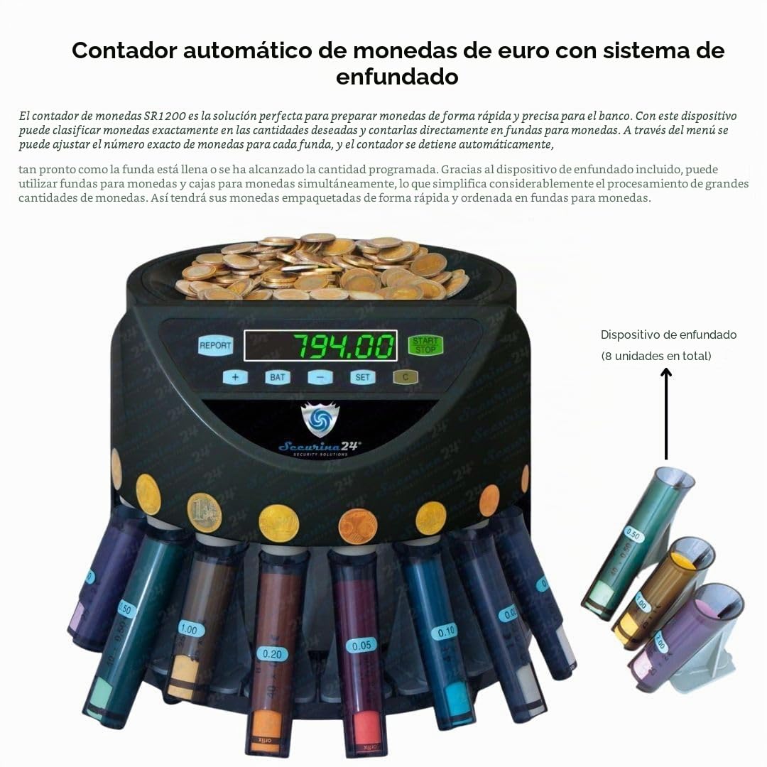 Contador automático de monedas y clasificador de dinero SR1200 con casquillo, Contador de monedas automático Securina24 (negro)