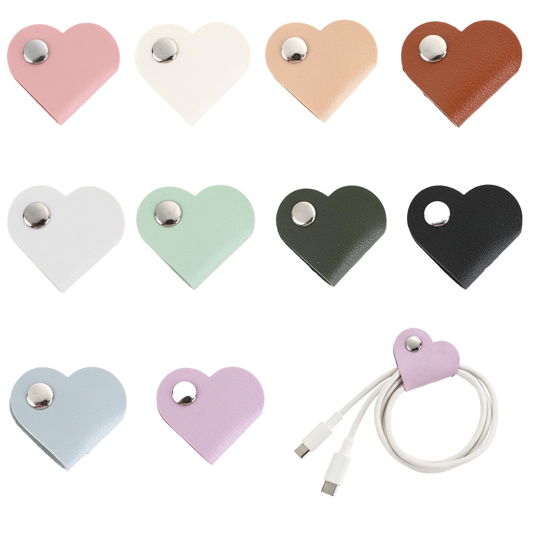 10 Pack Heart Cord Organiser, Cord Organiser, Cable Tidy Clips, Leather Cable Straps Organiser, Reusable PU Leather Wire Ties for Charging Cords, USB Cables, Earphones and Power Cords