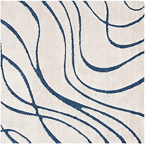 Image of Geometric Wave Square Shaggy Carpet for Living Room, Bedroom, High Low Design Finish Microfiber 1.8 Inch Pile High, 4x4 Feet Ivory|Blue Color