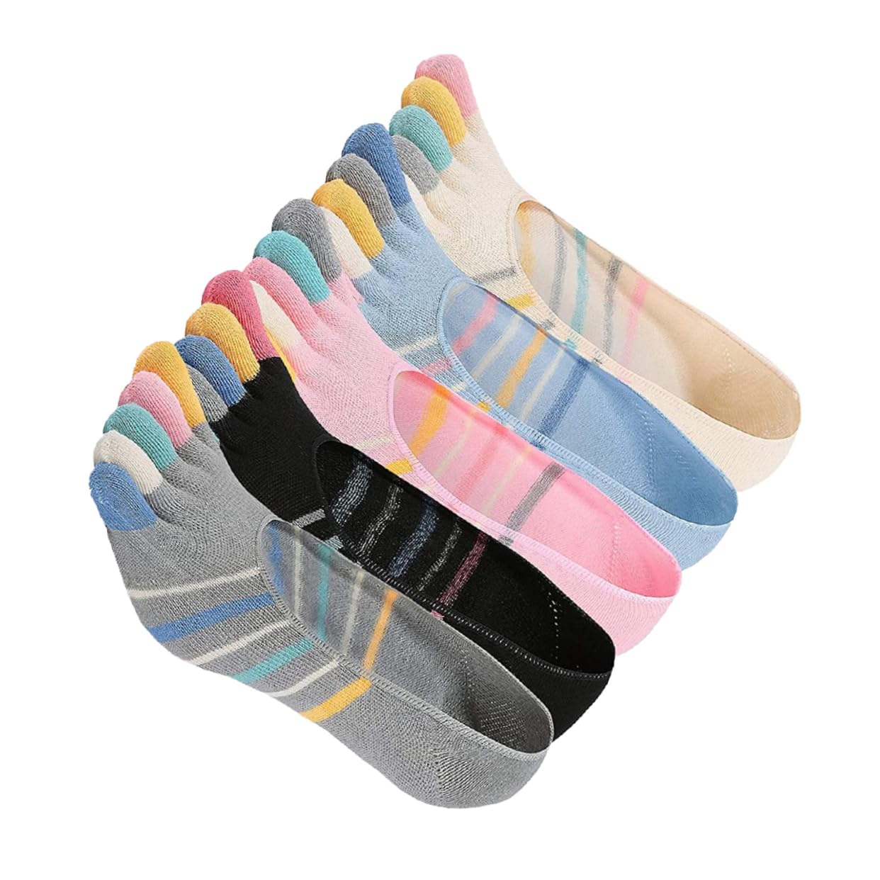 VALICLUD 5 pares Calcetines Invisibles de Mujer Cinco Dedos Algodón Transpirable Diseño Rayas Paquete para Yoga y Diario