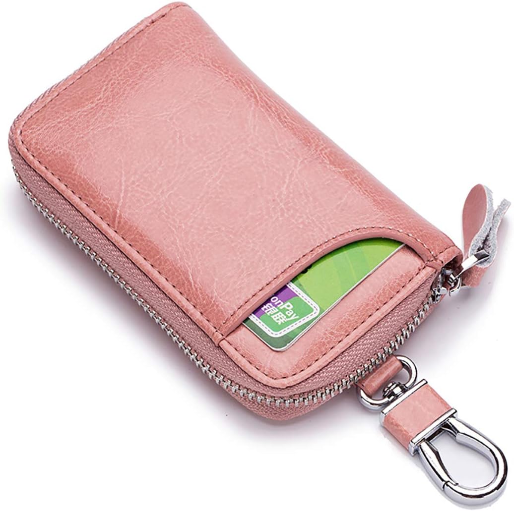 AilederZipped Leather Car Key Holder Case Bag Wallet Cover with Credit Card Holder Keychain Keyring (Pink)