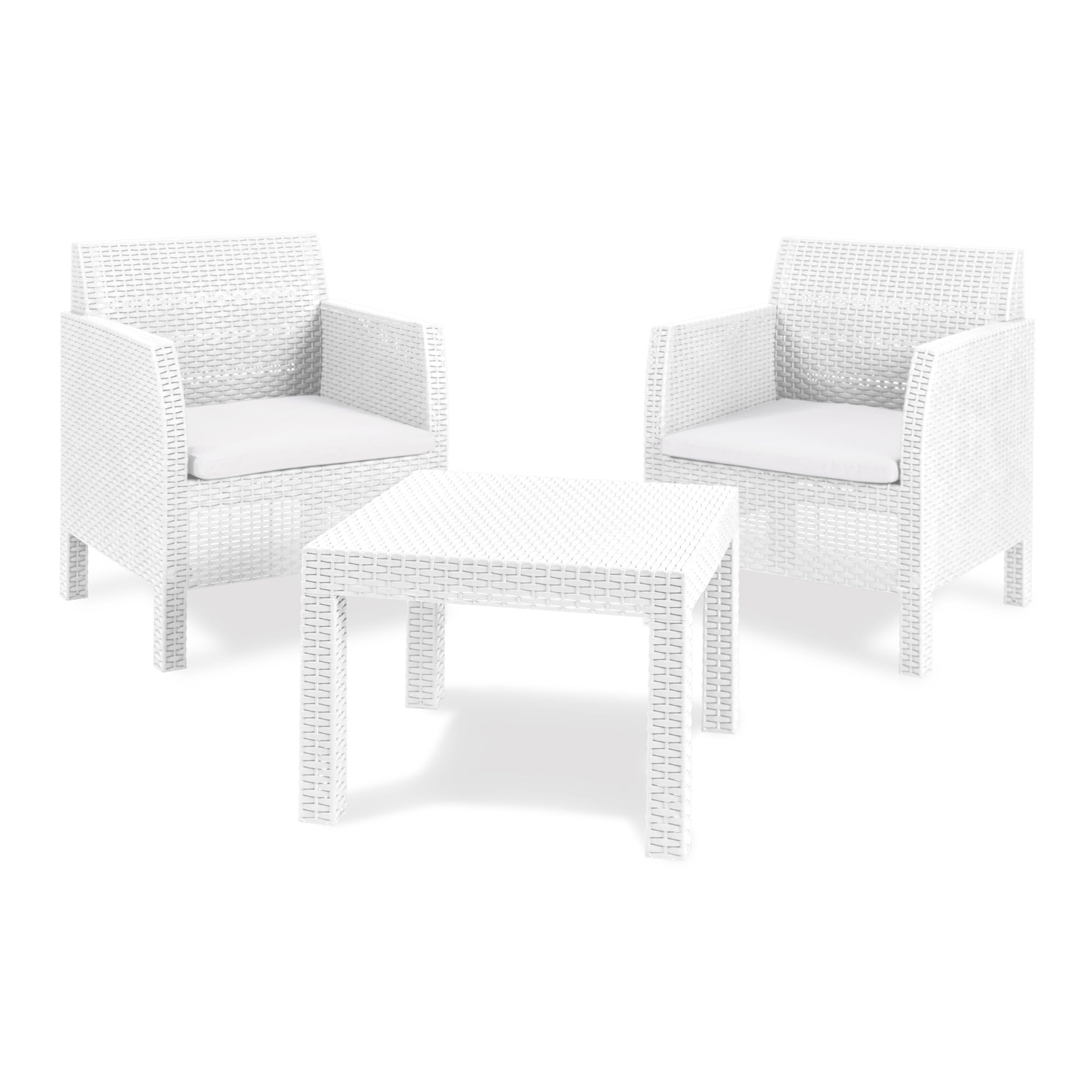 Toomax Juego de muebles de jardín Matilde con 2 sillones y mesa de centro, acabado efecto ratán, color blanco.