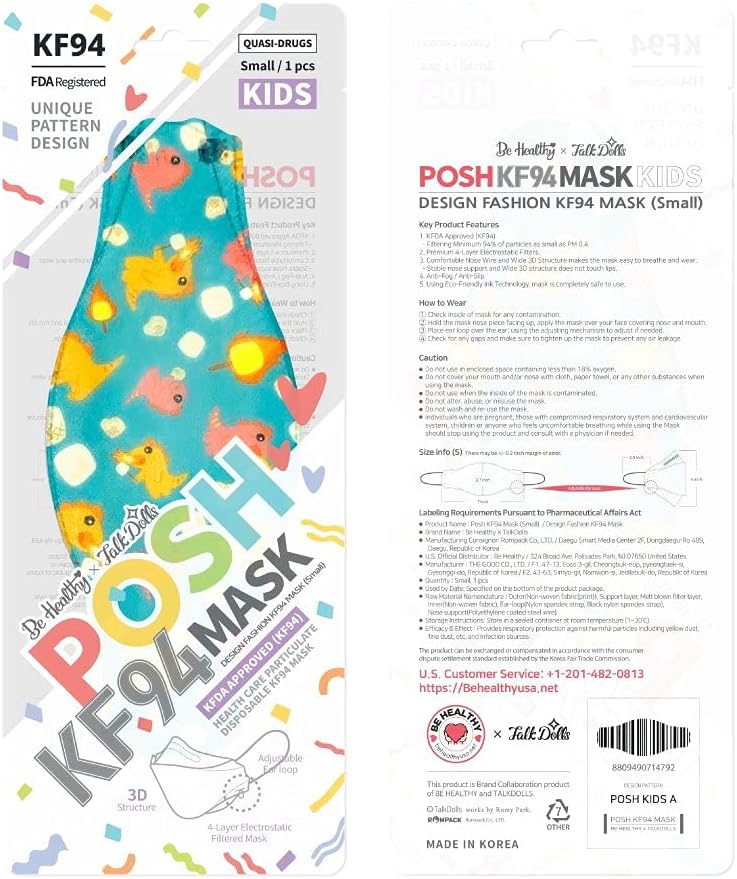 Be Healthy [Pack of 10] Posh KF94 Kids Mask - Little Dragons - Junior Green (KA16), Green, Orange, Red, Beige