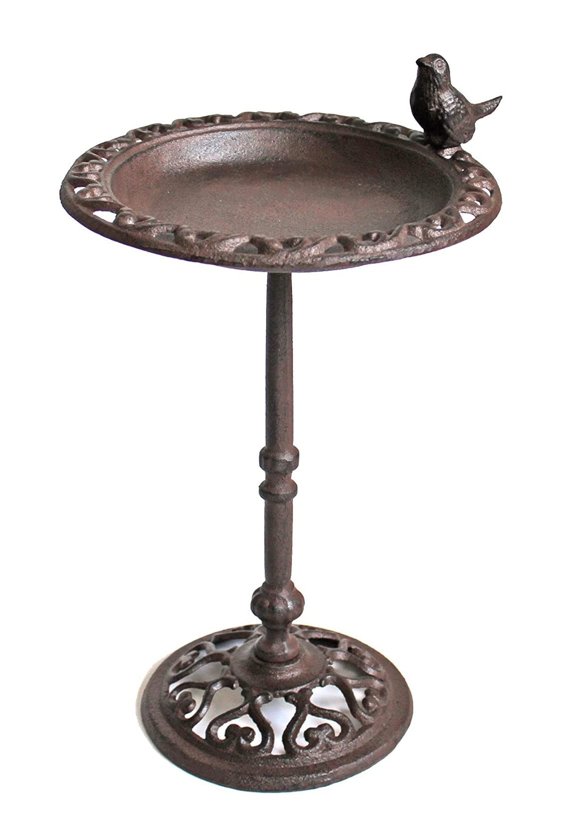 Spetebo Bebedero de agua para pájaros, color marrón antiguo de hierro fundido, 39 cm, baño de pájaros con soporte, pociones de agua para baño o jardín