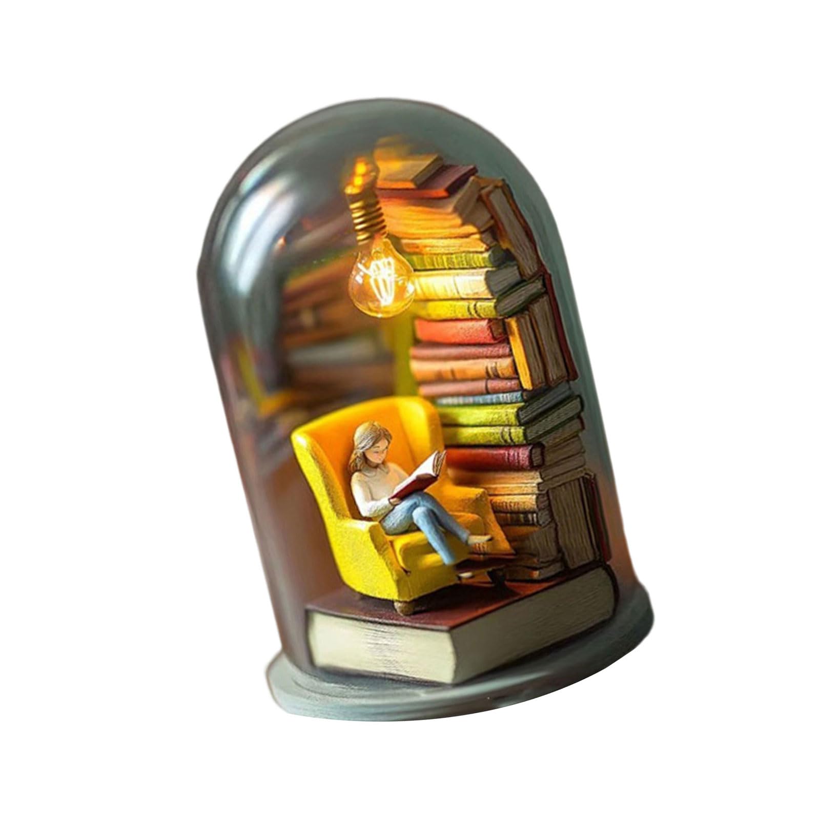 Nucelit LED Illuminating Miniature Bookshelf Library Sculpture Home Decoration Resins Reader Statue Nightlight Desktop Ornament Bedsides Table Light