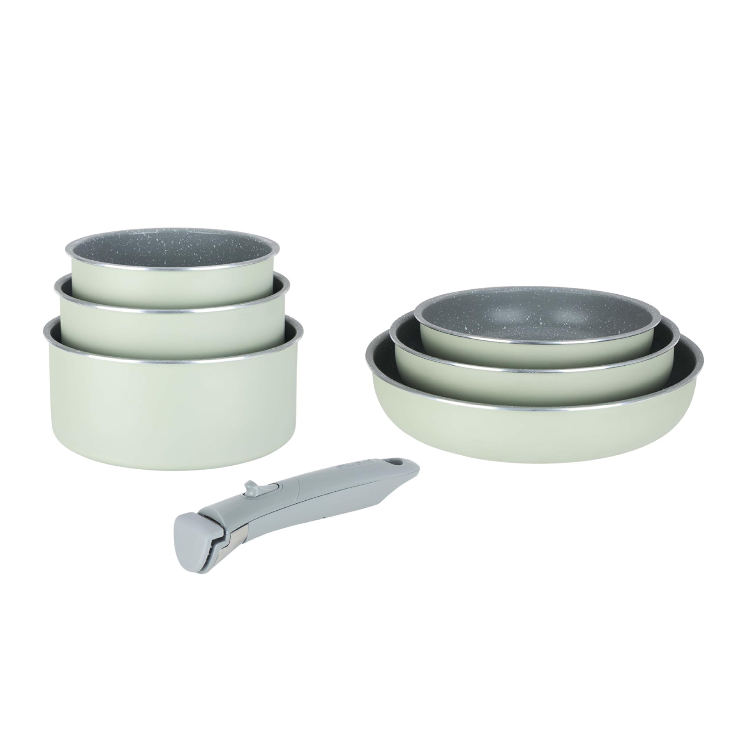 Sitram 716939 Batterie Cuisine 7 Pièces Vert Sauge – Revêtement Céramique Sans PFAS – 3 Poêles Ø20/24/28 + 3 Casseroles Ø16/18/20 + Manche Amovible – Tous Feux dont Induction
