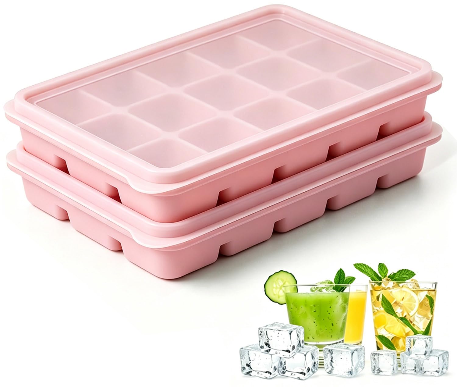 Azxb Ice Cube Trays with Lid, 2 Packs 30 Cubes Durable Stackable Flexible Silicone Ice Cube Trays for Freezer with Removable 2 Silicone Lids for Baby Food, Whiskey, Cocktail, Coffee, BPA Free