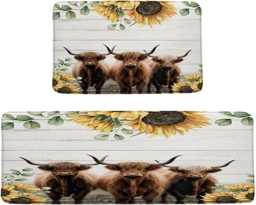 2 Pieces Set Highland Cow Bath Mat Longhorn Cattle Farm Animal Bull Rustic Farmhouse Sunflower Flower Western Country Vintage Wooden Bathroom Rugs Indoor Corridor Toilet Decor