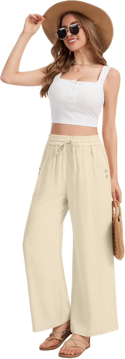 Womens Linen Wide Leg Pants Casual Drawstring Summer Long Trousers Palazzo Harem Pants with Pockets - Image 2