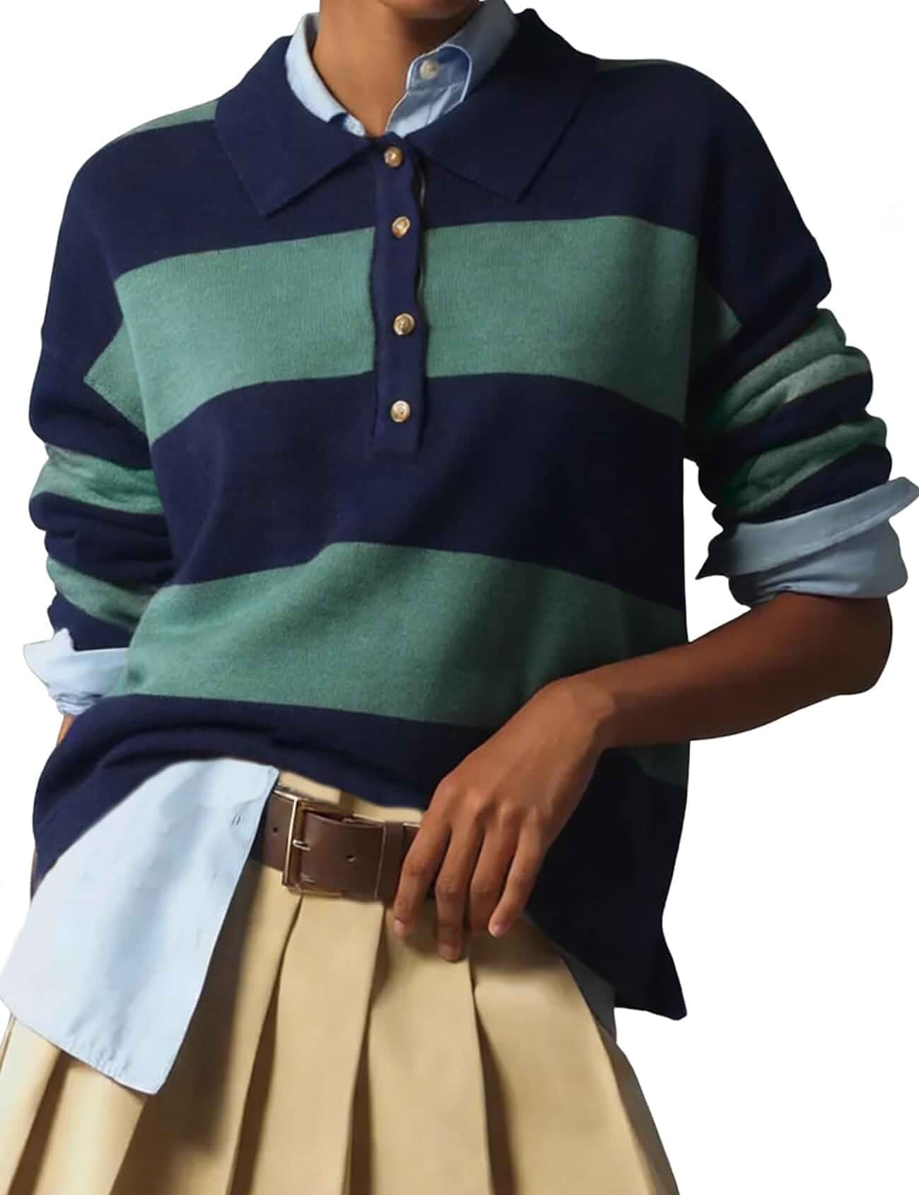 Wyeysyt Polo Sweater Women Rugby Shirt Striped Collared Sweaters Long Sleeve, Knit Top, Rugby Polo, Casual, Back to School, Y2K, Preppy Shirts