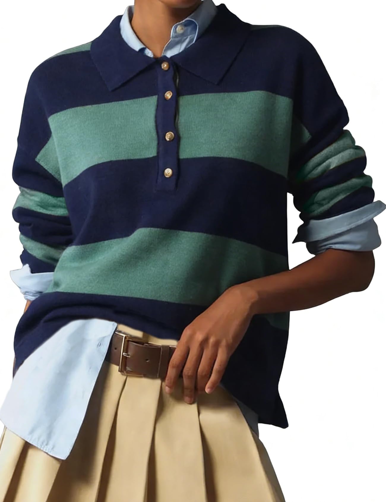 Rugby Polo Sweater for Women Striped Collared Sweaters Shirt Long Sleeve Knit Y2K Casual Pullover Top