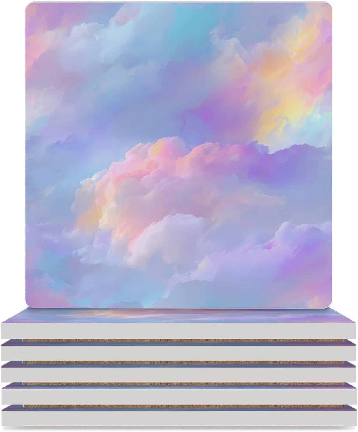 Pastel Rainbow Marble Coaster for Drinks Square Ceramic Table Coasters Stone Mat Crafts 6PCS Home Kitchen Decor