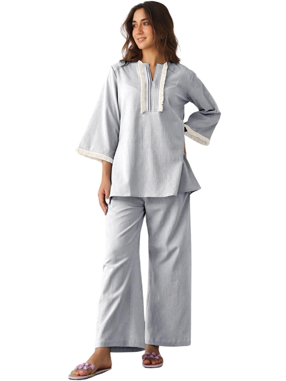Greciilooks Polycotton Ethnic Mid-Thigh Length Stylish | Festive Travel Co Ord Kurta Set For Women (Gl-W2048&Tr1023_Light Blue_S)