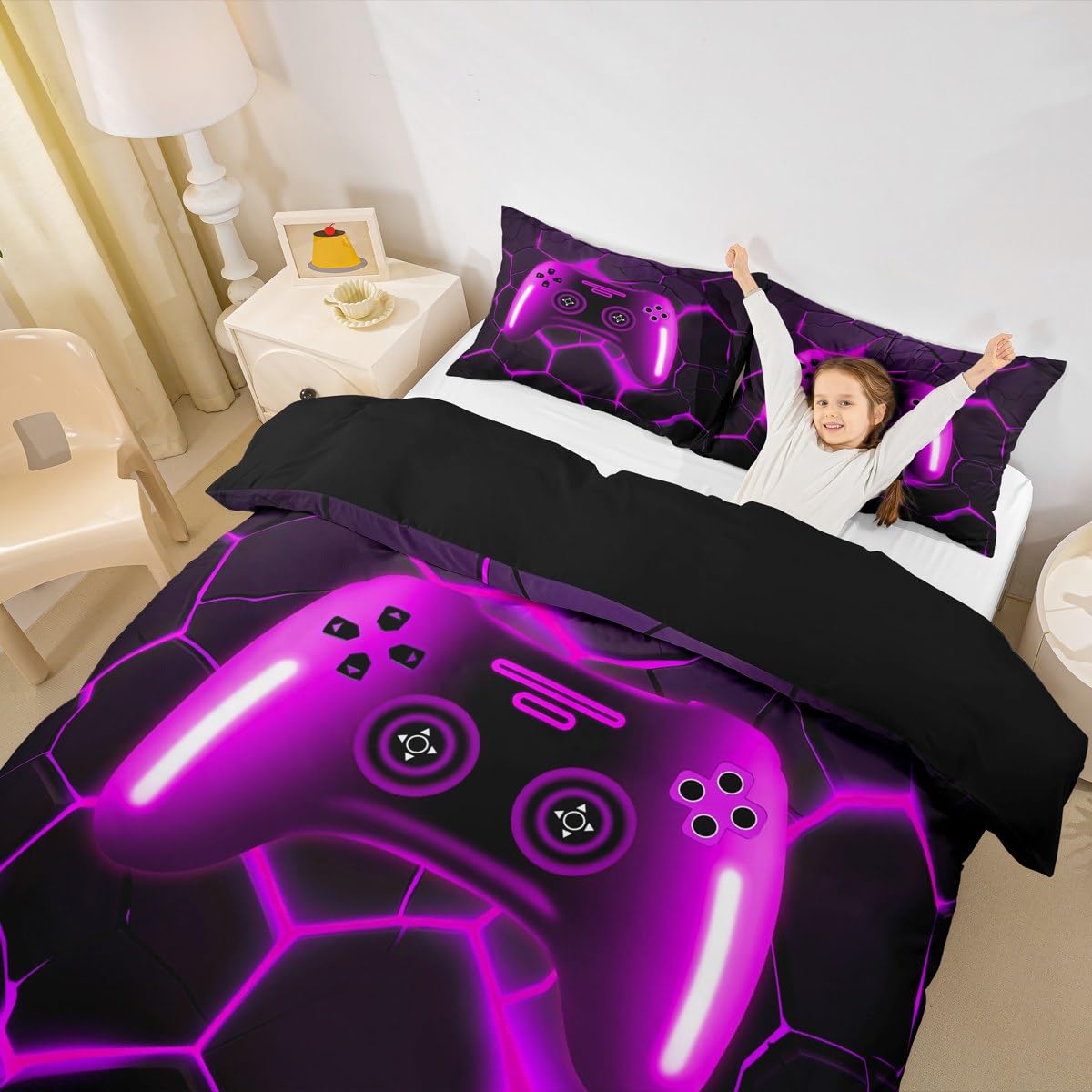 Homewish Boys Gaming Single Duvet Cover Set Kids Purple Gamer Bedding Abstract Geometric Honeycomb Quilt Cover with 1 Pillowcase - Image 4