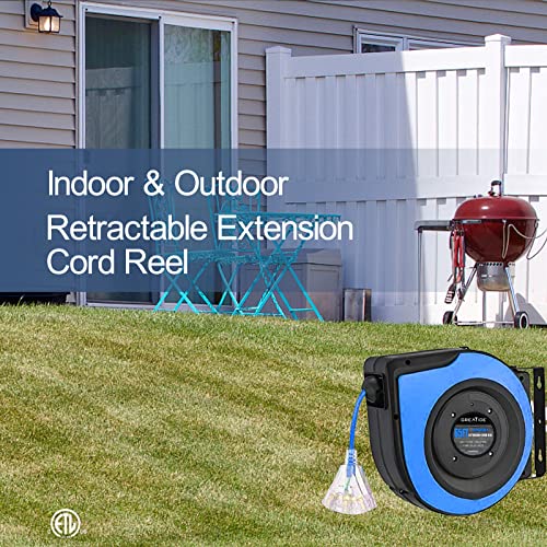 Greatide Retractable Extension Cord Reel, 65 Feet 12 Awg/3C Sjtow Heavy Duty Power Cord,15 Amp Circuit Breaker, 3-Lighted Triple Outlets, Ceiling Or Wall Mount Use Indoor/Outdoor #TOP6