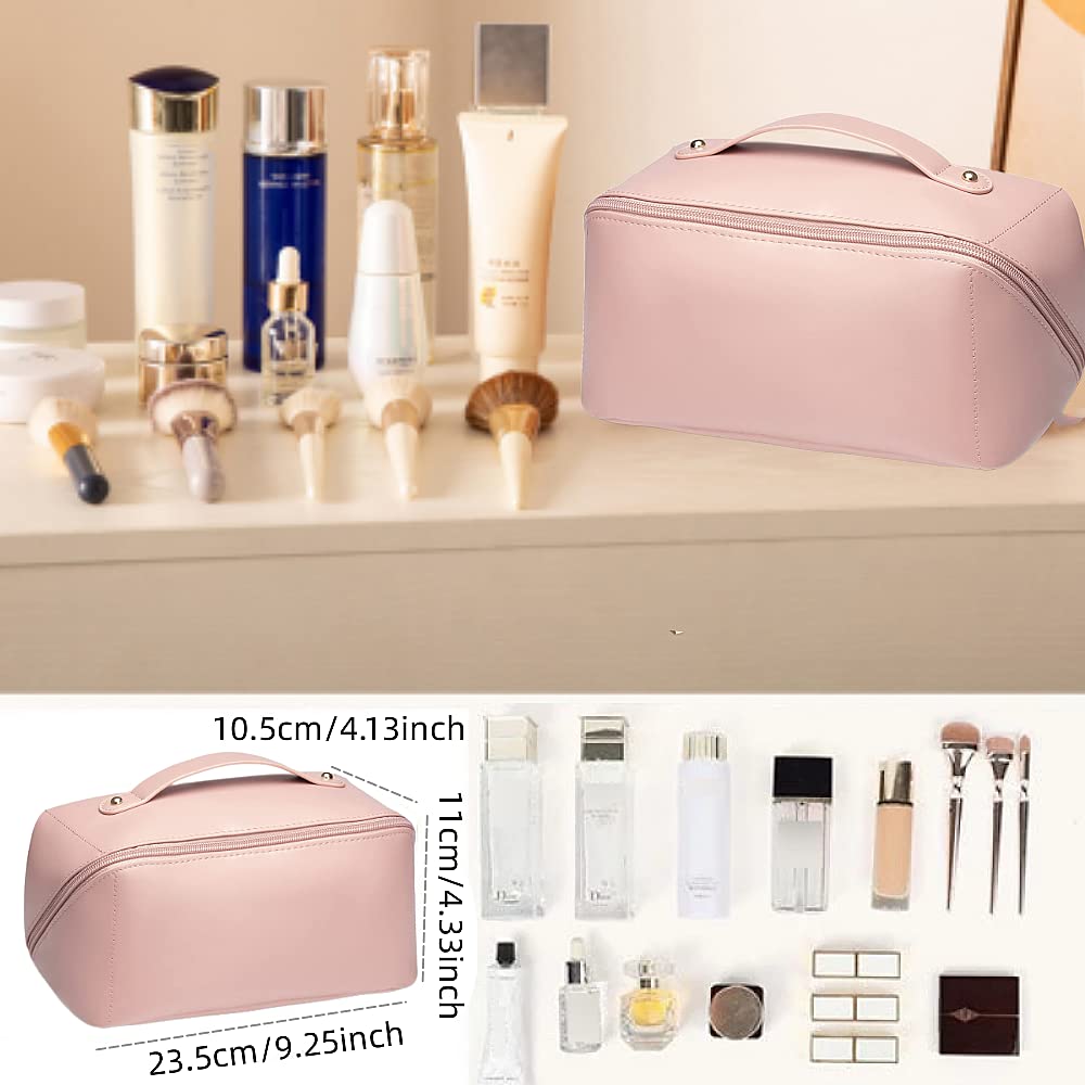 Large Travel Cosmetic Bag Cosmetic Organizer High Capacity Makeup Bag Storage Pouch PU Leather Makeup Box for Women Girls (Pink) - Image 4
