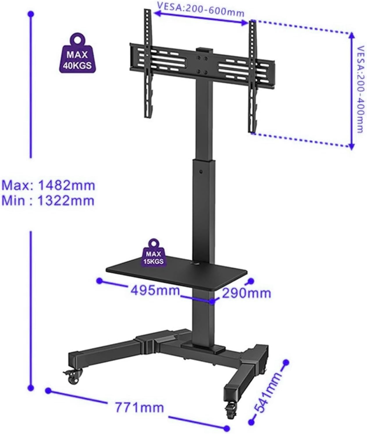 Portable Tv Mobile Stand - Tv Cart Stand with Wheels, Height Adjustable Floor Tv Stand with Storage Tray, for 37-70 in Screens, Max Vesa 400X400Mm, with Cable Bundling