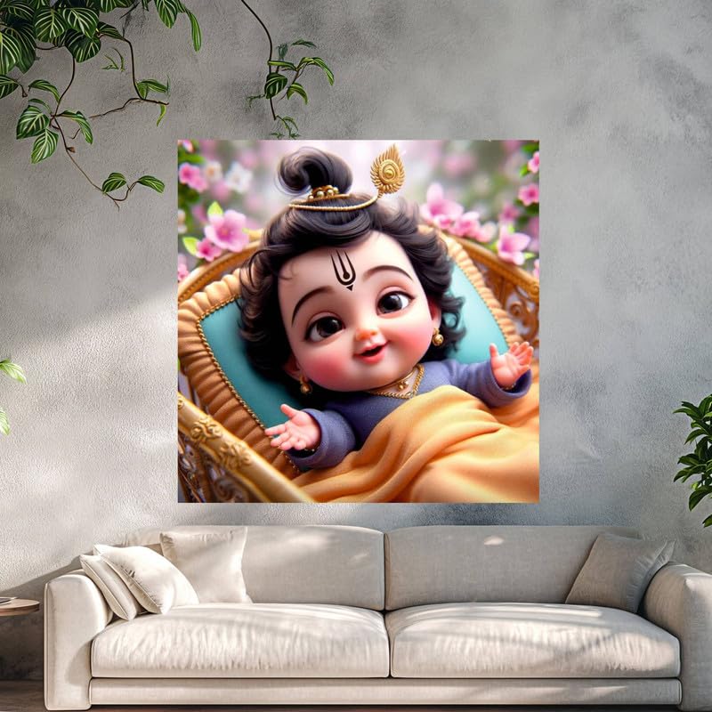 Image of British Terminal Cute little Bal Gopal Baby God Krishna| Kanha Ji | Laddu Lord Makhan Chor Painting Religious Poster for Pregnant Women for wall (matt thin vinyl,sticker,multicolor,unframed)| bj199