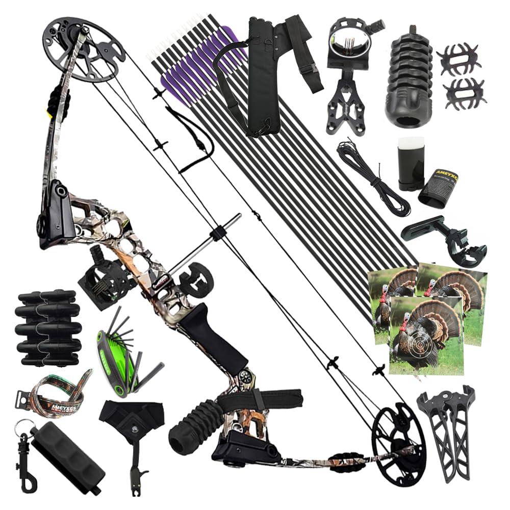 Set arco compound pronto per la caccia - Potenza di trazione 20-70 libbre, lunghezza di trazione 24“-30”, velocità 320 fps, completo di tutti gli accessori per la caccia e il tiro al bersaglio