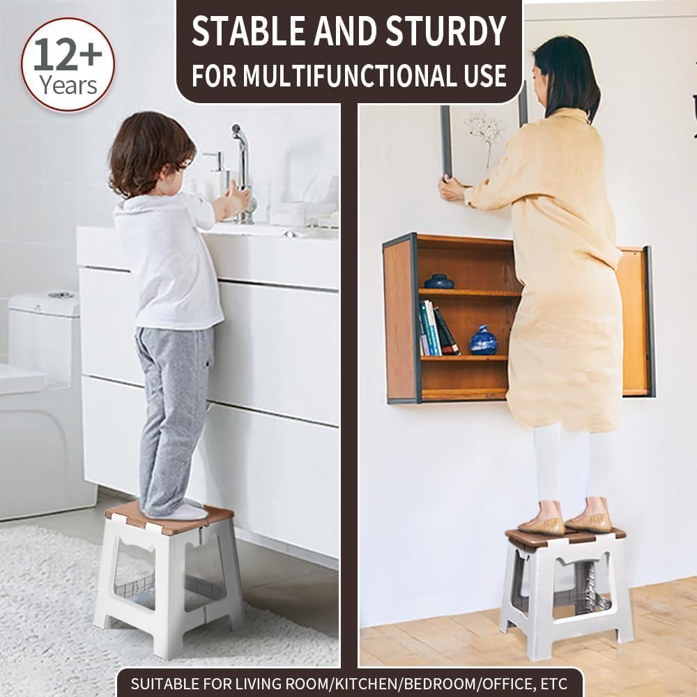 PROSFIA Premium Folding Step Stool for Adults and Kids Non-Slip Folding Stools with Portable Handle, Compact Plastic Foldable Step Stool for Bathroom,Bedroom, Kitchen (Brown) 1