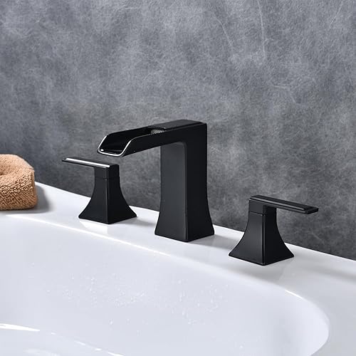 Miniatura 3 de NEWRAIN - Grifo de baño negro, grifos de tocador para fregadero de 3 agujeros, grifo de baño de 8 pulgadas con montaje de drenaje emergente, grifo