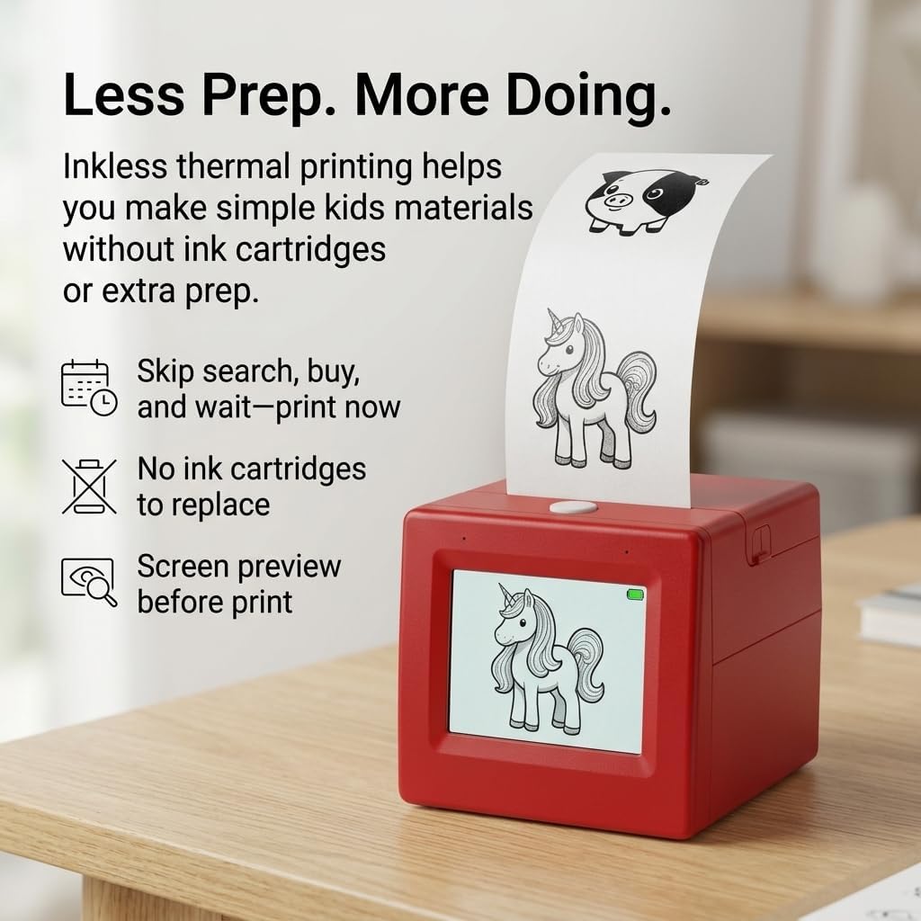Mini Sticker Printer for Kids, Inkless Thermal Sticker Maker with Screen Preview, Portable WiFi Kids Thermal Printer for Reward Stickers, Coloring Sheets & DIY Craft Activities