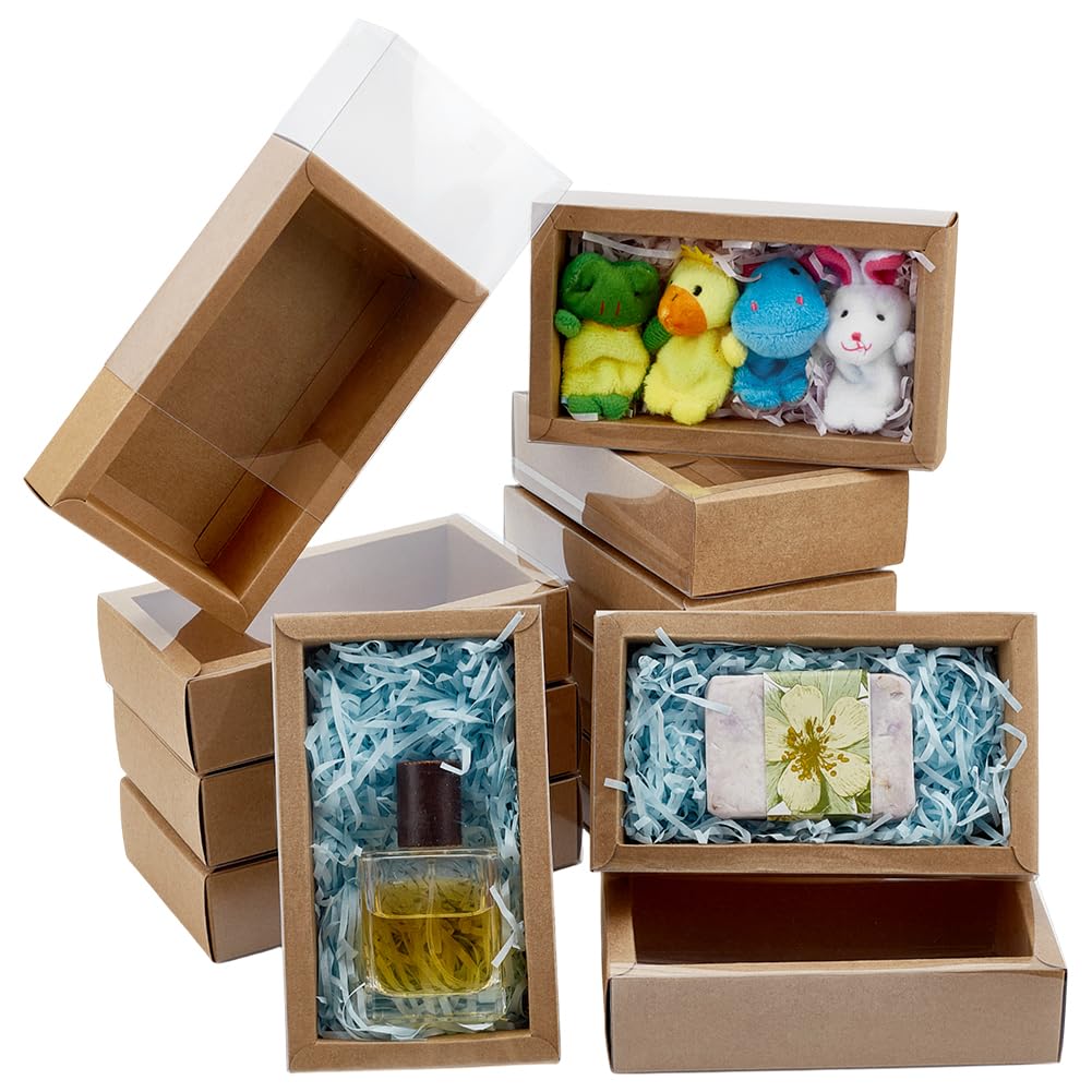 PH PandaHall Christmas Drawer Boxes 12pcs Brown Gift Boxes Rectangle Paper Gifts Box Cookies Box with Clear Windows for Candy Bakery Wedding Proposal Party Favor Gift Wrapping, 17.2x10x4.2cm